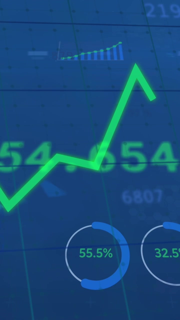 Animazione di diversi grafici digitali che si muovono in loop con numeri variabili su un motivo a griglia blu.