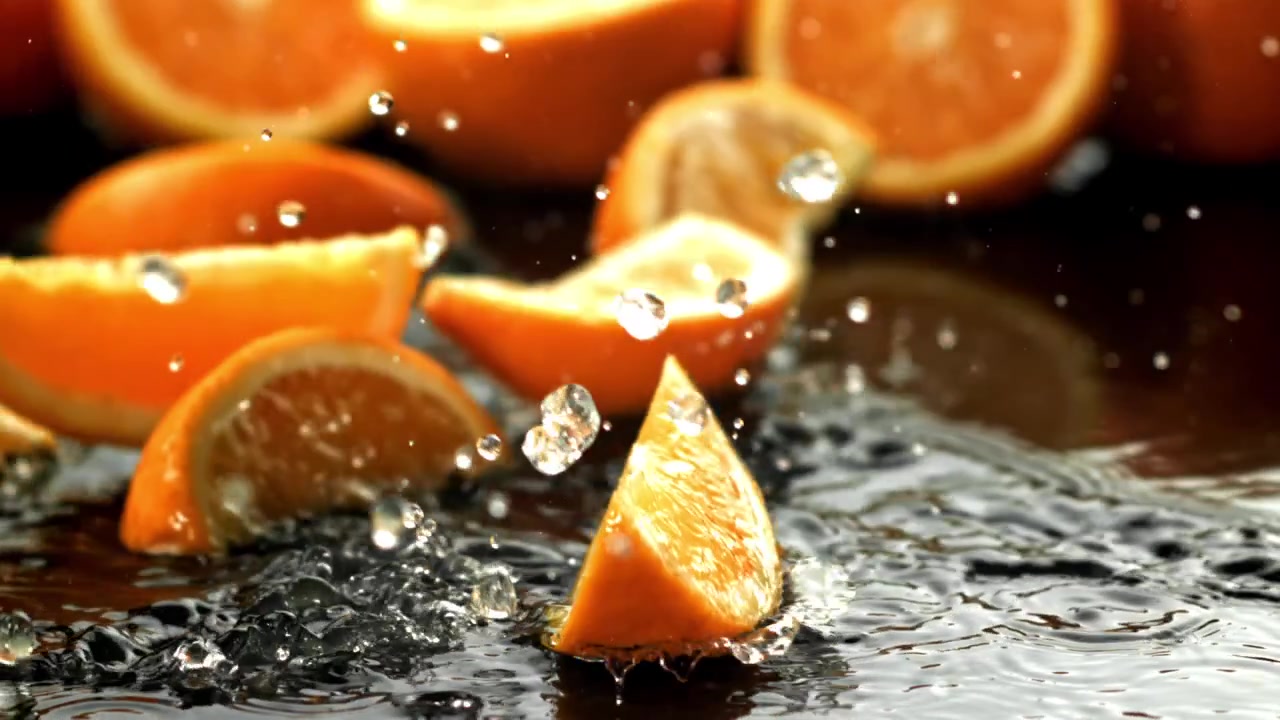 Fette d'arancia che cadono nell'acqua con schizzi rinfrescanti in slow motion