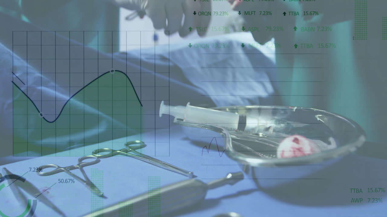 수술실의 외과 의사들에 대한 데이터 처리의 애니메이션