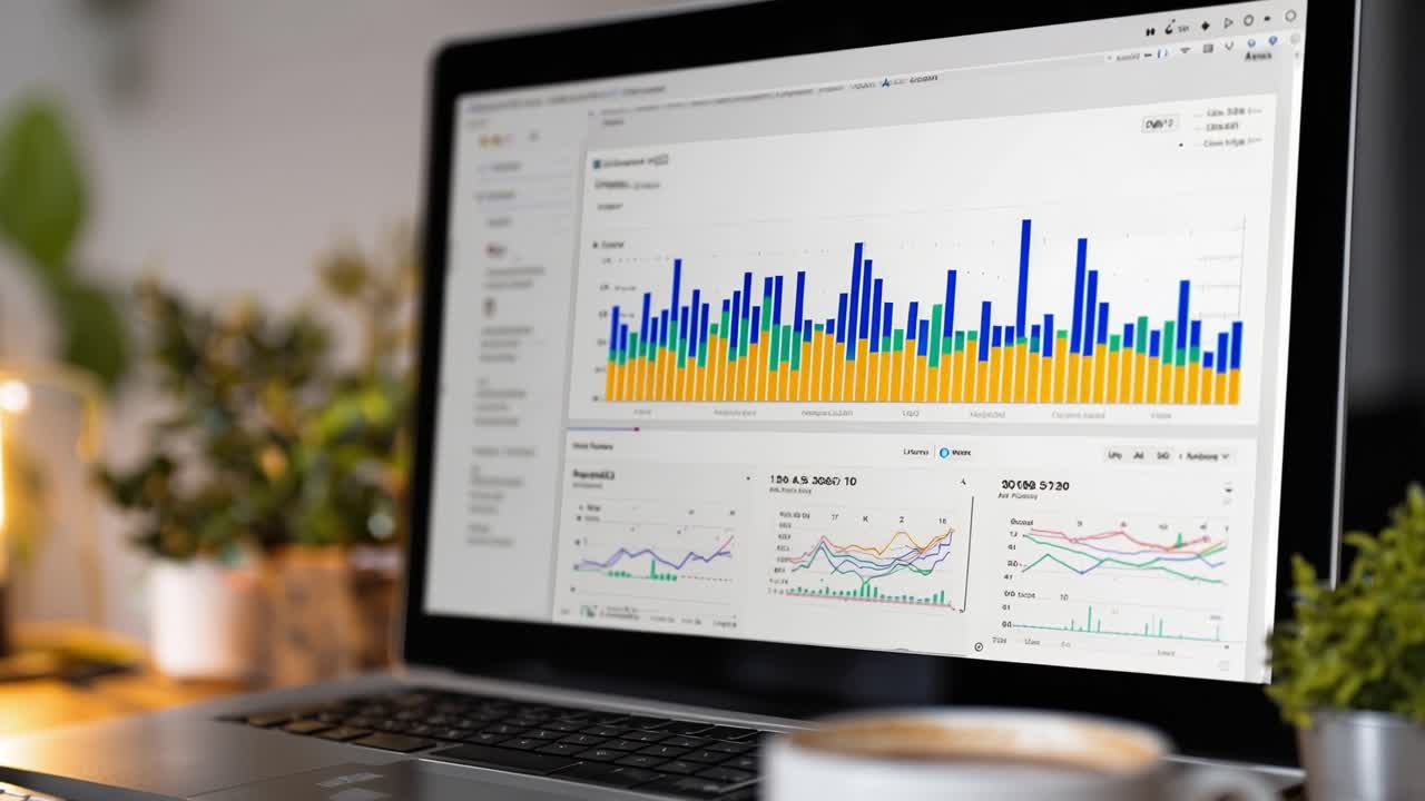 Analysere datatrender: Innsikt fra et moderne arbeidsområde med en bærbar PC som viser fargerike grafer på skjermen, sammen med kaffe og planter.