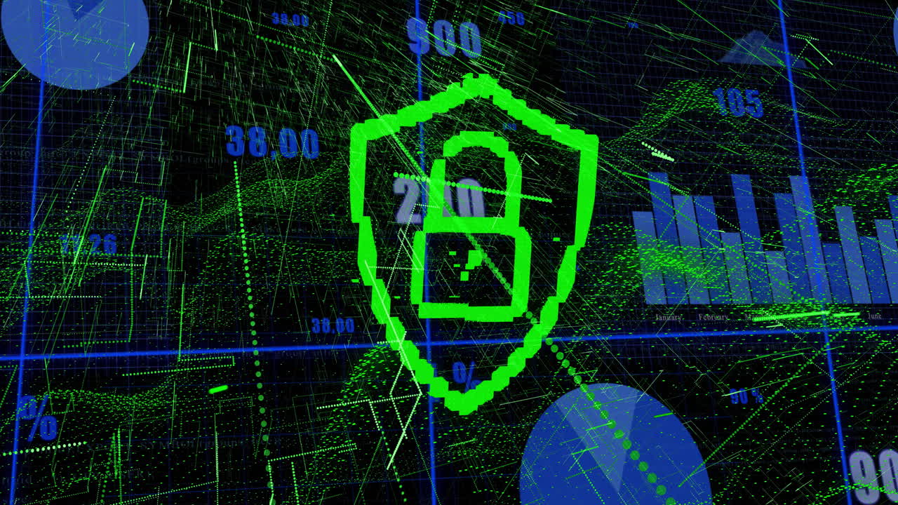 animación del procesamiento de datos y el icono del candado sobre un fondo oscuro