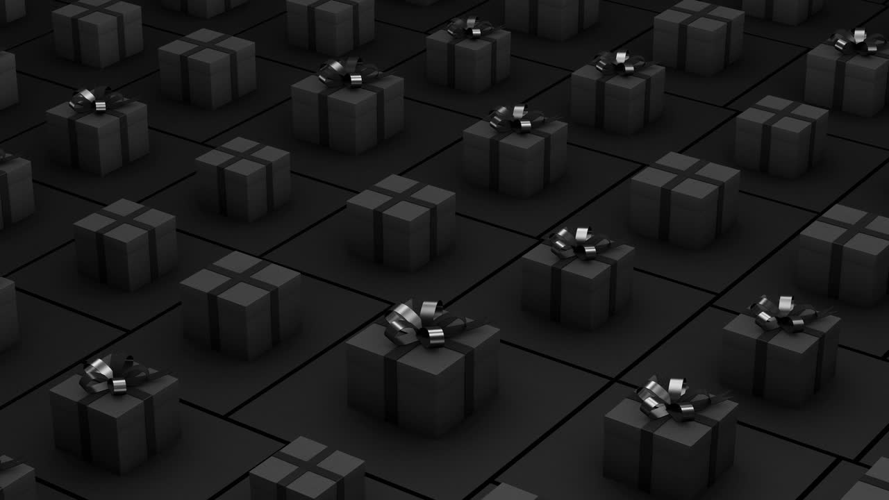 3D animation. Black present boxes tied with ribbon and without it. Moving randomly, rising up and down, seamless loop. Close up