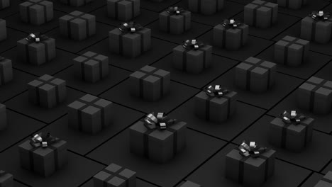 3d animation. black present boxes tied with ribbon and without it. moving randomly, rising up and down, seamless loop. close up