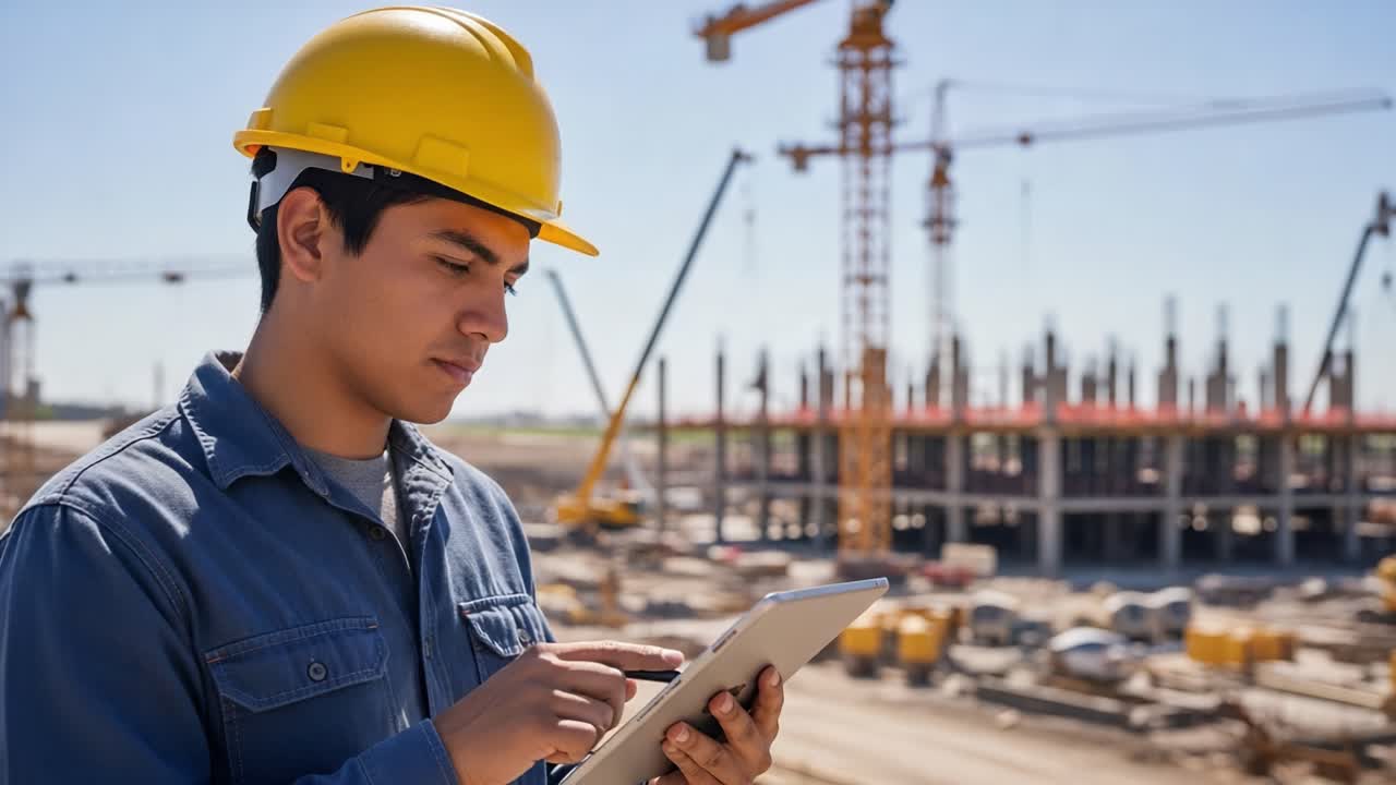 Construction Worker Using Tablet on Job Site Oversaw Progress and Efficiency, Ensuring Safety and Quality in Building Modern Infrastructure and Projects
