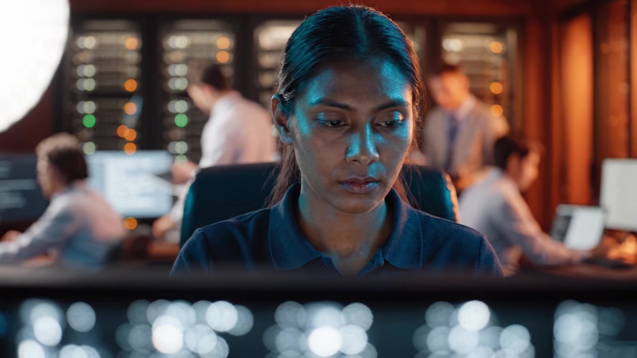 Focused technician monitors digital systems in a high-tech control room while colleagues engage with various technological devices and screens in the background.