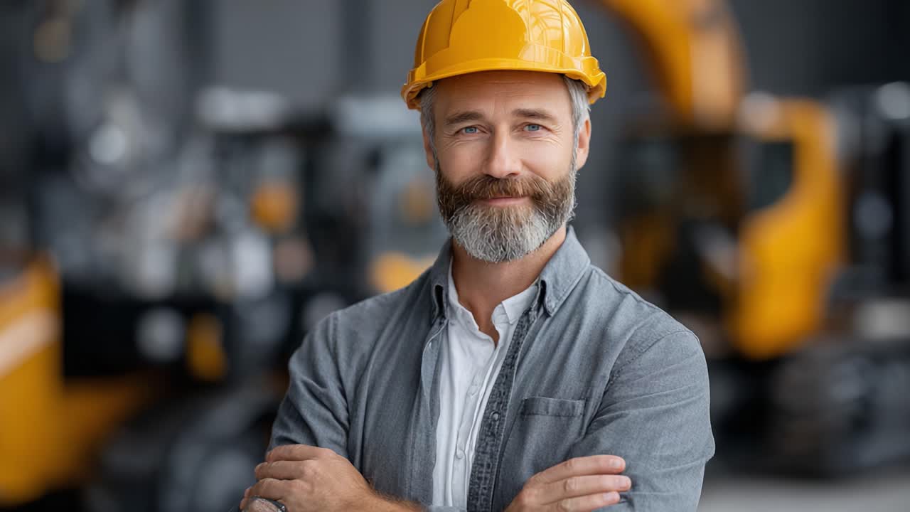 Professional Construction Worker with a Yellow Hard Hat Smiling Confidently Among Heavy Machinery in an Industrial Setting, Highlighting Safety and Expertise