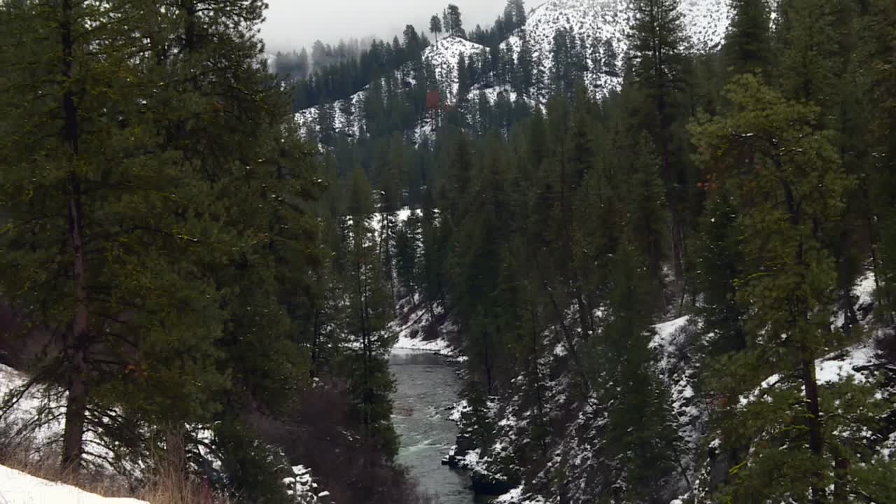 río estrecho con árboles densos y montañas de nieve en el bosque nacional de boise, idaho, ee.uu.