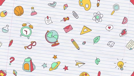 Animation-of-sliding-school-supplies-and-creative-study-material-elements-on-the-background-of-a-notebook-sheet