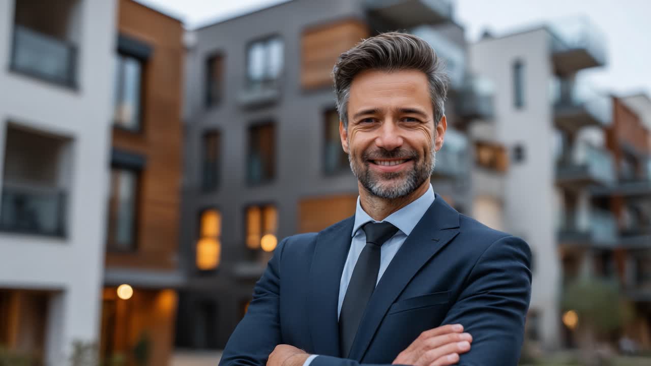 A confident businessman stands in front of modern apartments, showcasing professionalism and charm while embodying success in an urban environment