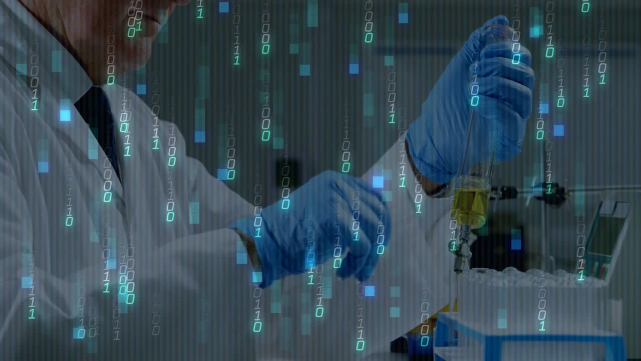 Senior scientist wearing lab coat handling pipette and cylinder in tech lab, showing binary code