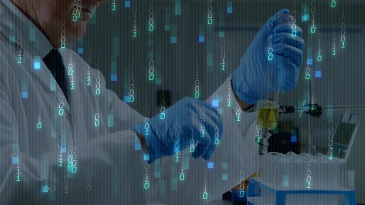 Senior scientist wearing lab coat handling pipette and cylinder in tech lab, showing binary code