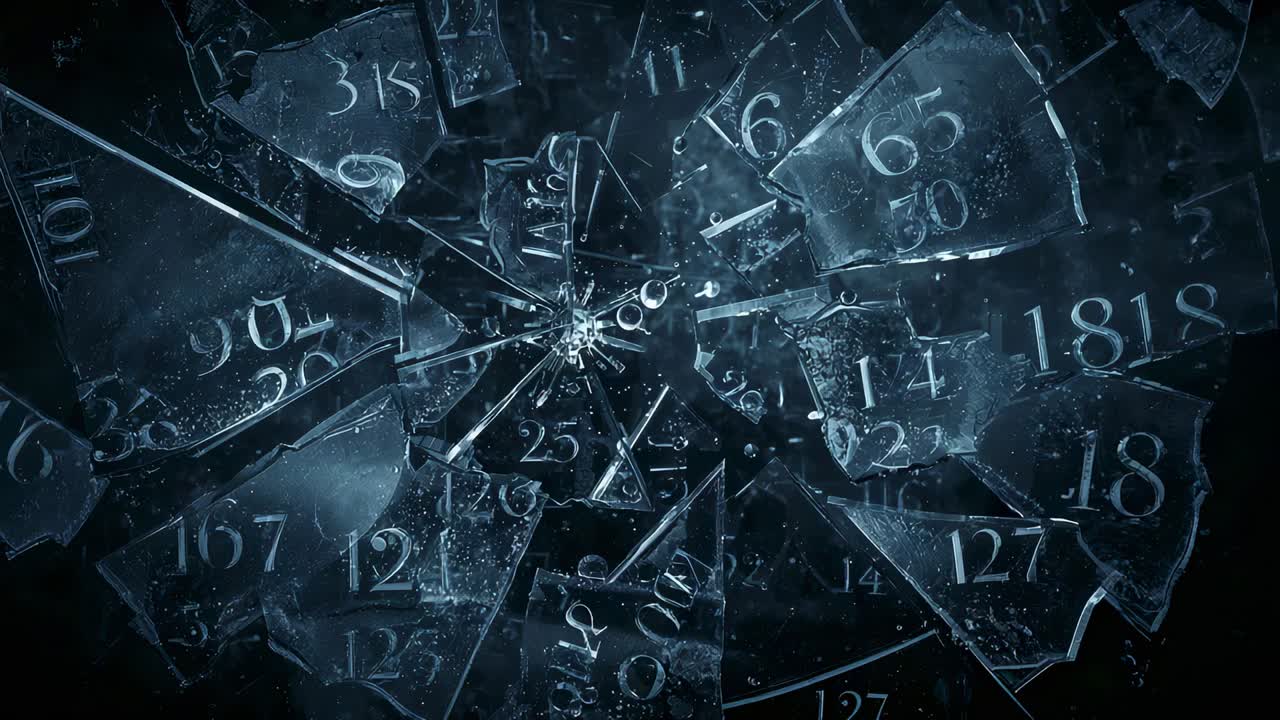 Bursting circular disc etched with numbers cracking and ejecting shards into dark void from pulse