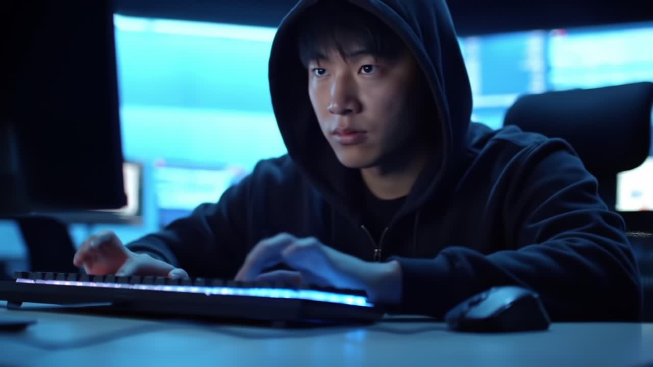 Focused Gamer in Dark Environment Engaged in Intense Gameplay, Highlighting Skill and Concentration While Using High-Tech Equipment and Keyboard in a Gaming Setup