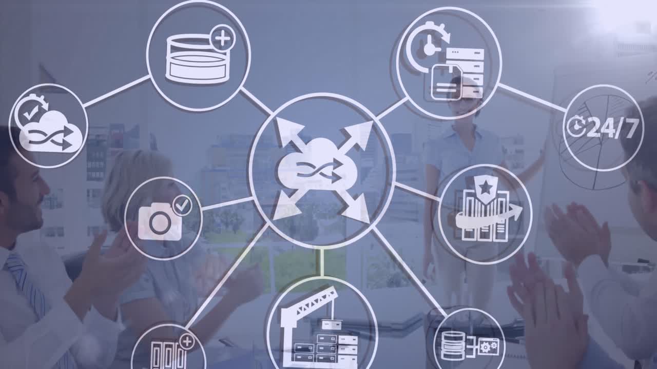 animación de la nube, conexiones con iconos y procesamiento de datos sobre personas de negocios