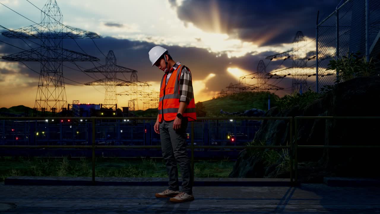 안전 헬을 입은 아시아 남성 엔지니어가 고전압 타워 근처에서 일하면서 두통을 고 있는 모습