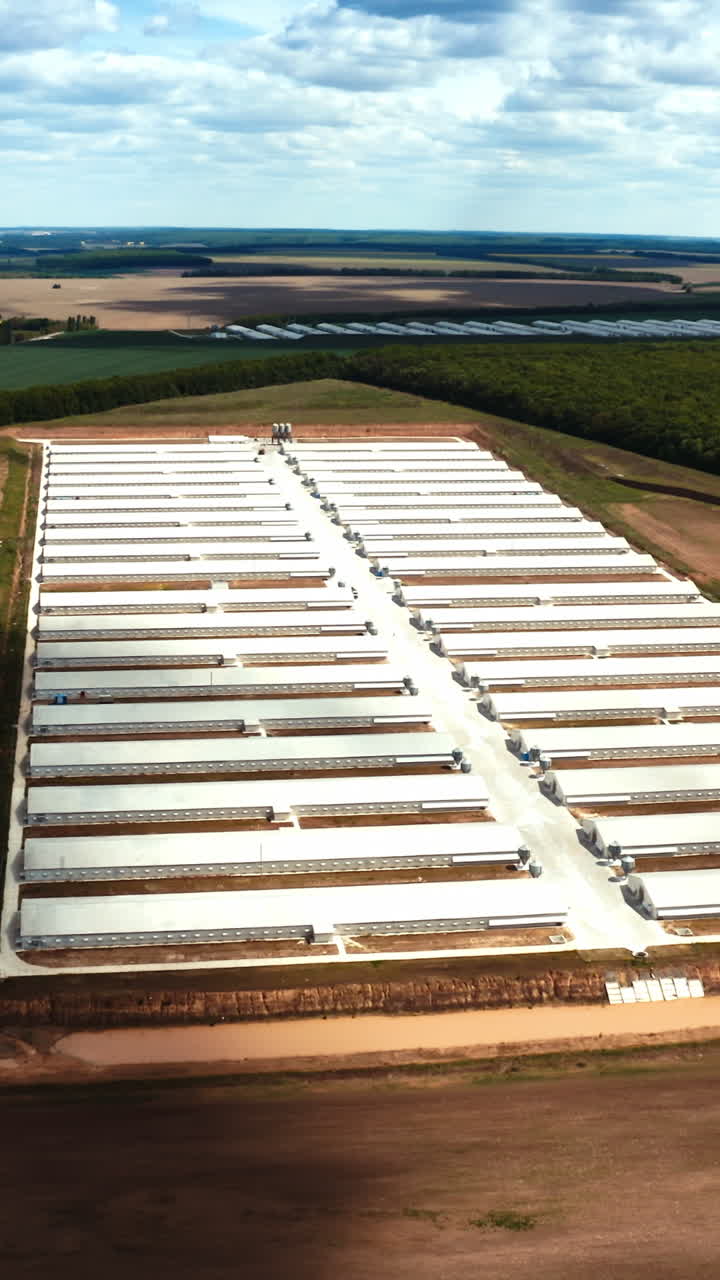 Industrial poultry farm. Aerial view of farm buildings in countryside