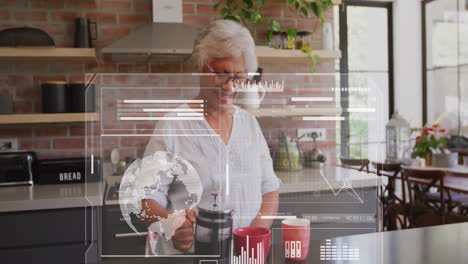 animation of data processing over senior african american woman preparing coffee in kitchen