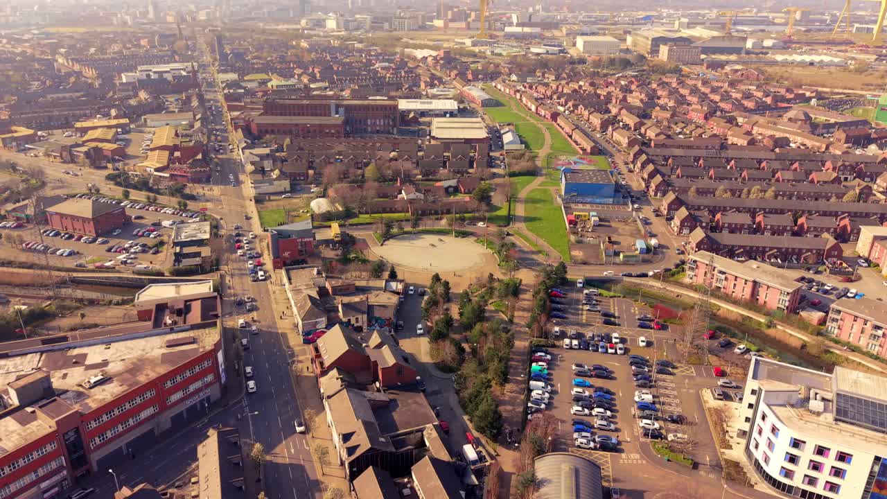 Ultra-wide 4K 60FPS aerial video of C.S. Lewis Square on the Newtownards Road in East Belfast, Northern Ireland in the UK. Produced in 3840x2160 ratio and with Rec709 color