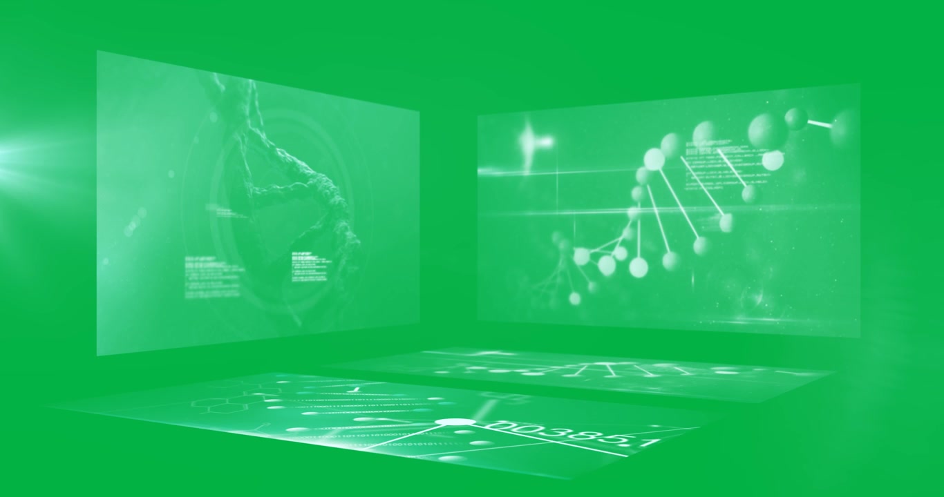 Digital DNA and Scientific Data Visualization on Green Background