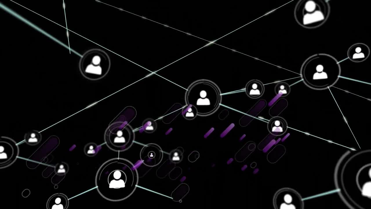 animación de líneas púrpuras y red de conexiones con iconos sobre fondo negro