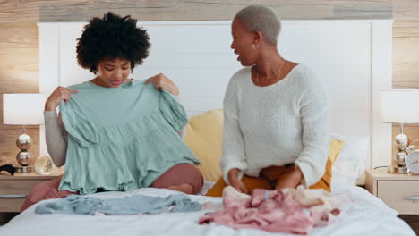 fashion, bedroom and friends choosing clothing