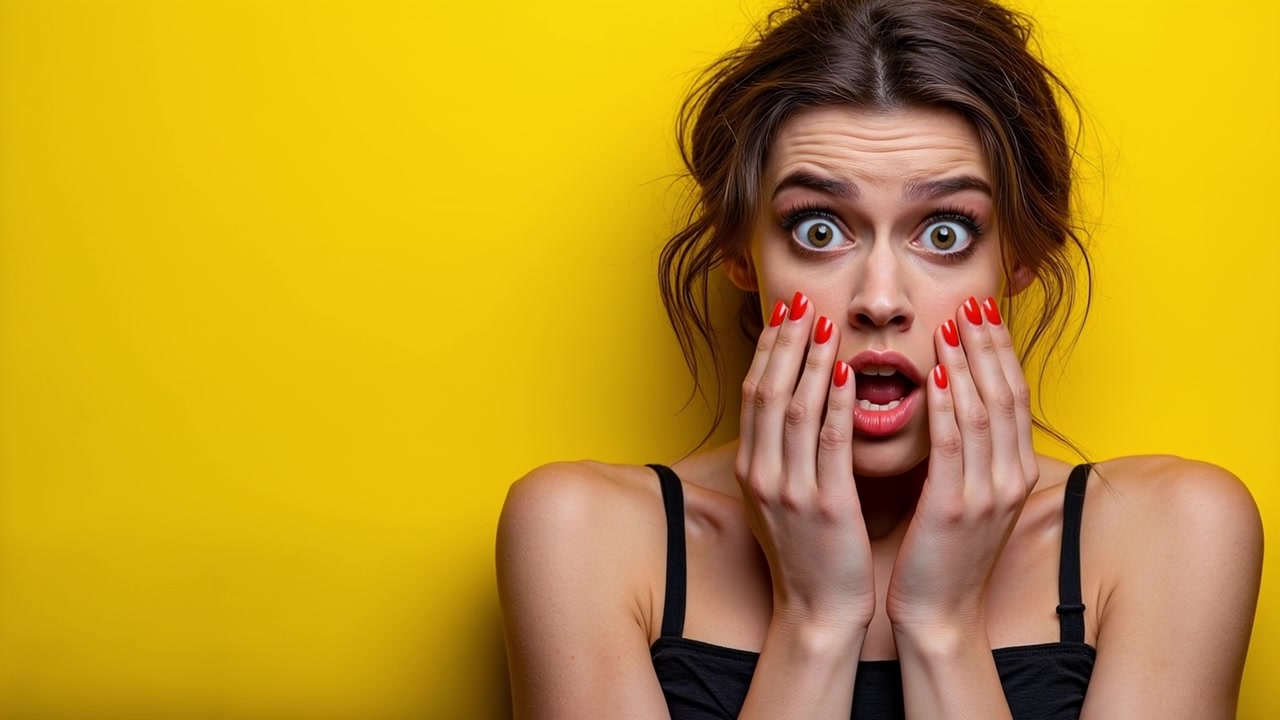 Young woman expressing surprise and transitioning to a happy smile against a bright yellow background.