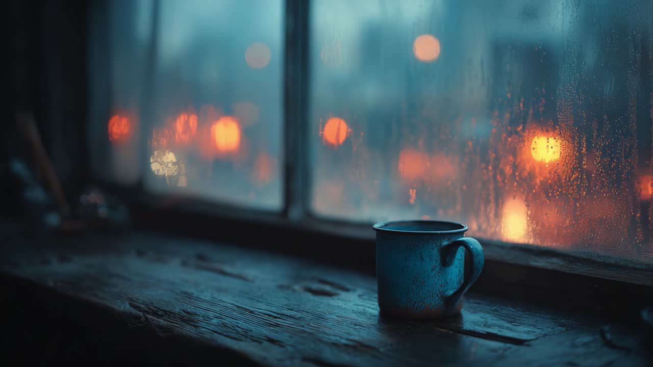 Una serata serena: primo piano di una tazza calda con vista su un paesaggio urbano piovoso attraverso una finestra appannata, che cattura l'essenza di momenti accoglienti in mezzo alla pioggia