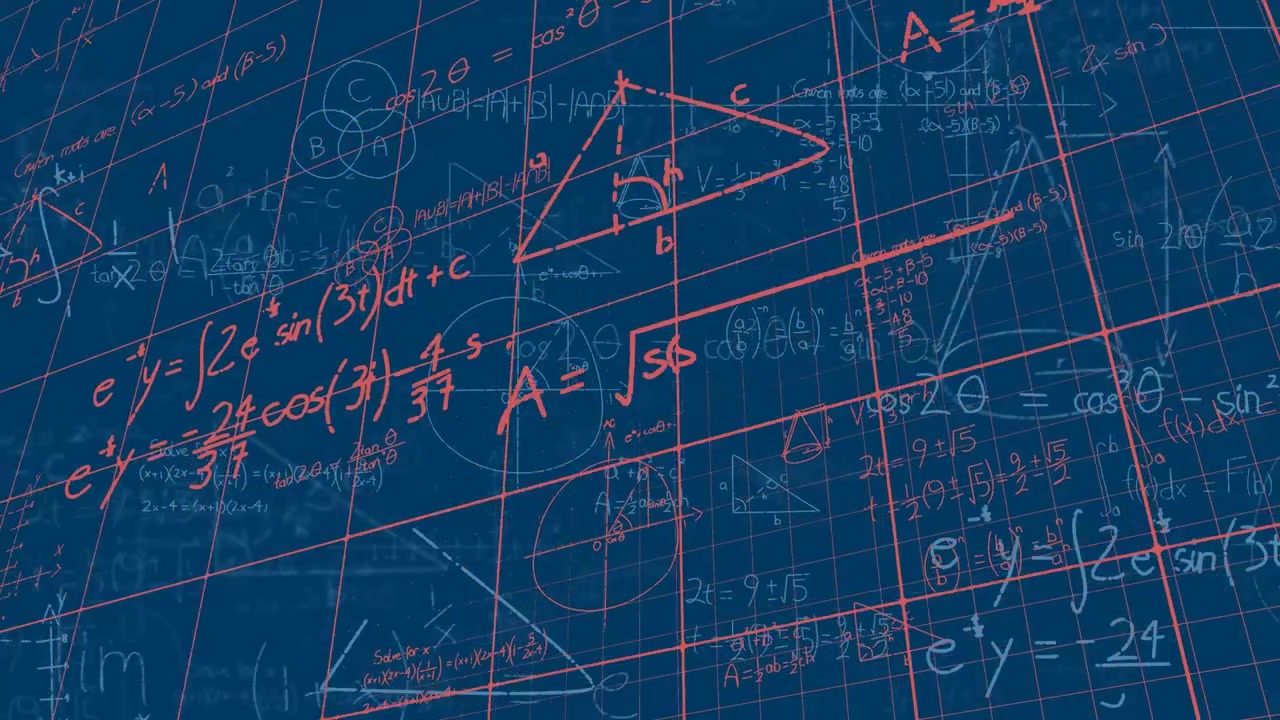 Animation of mathematical equations and diagrams floating over grid network against blue background