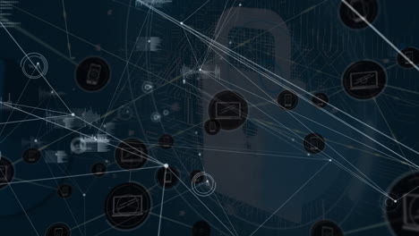 animation of icon with lines connecting dots against data processing with lock on digital interface