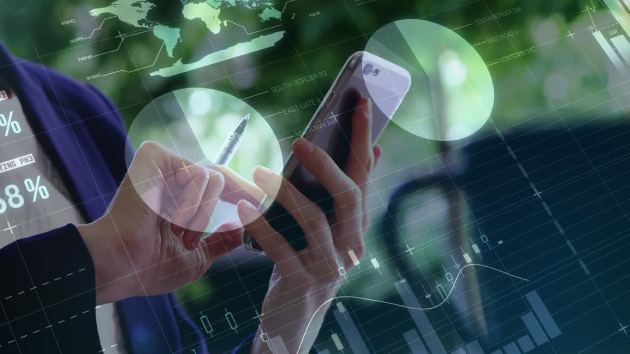 스마트 폰을 사용하는 사업가 여성에 대한 통계 및 데이터 처리 애니메이션