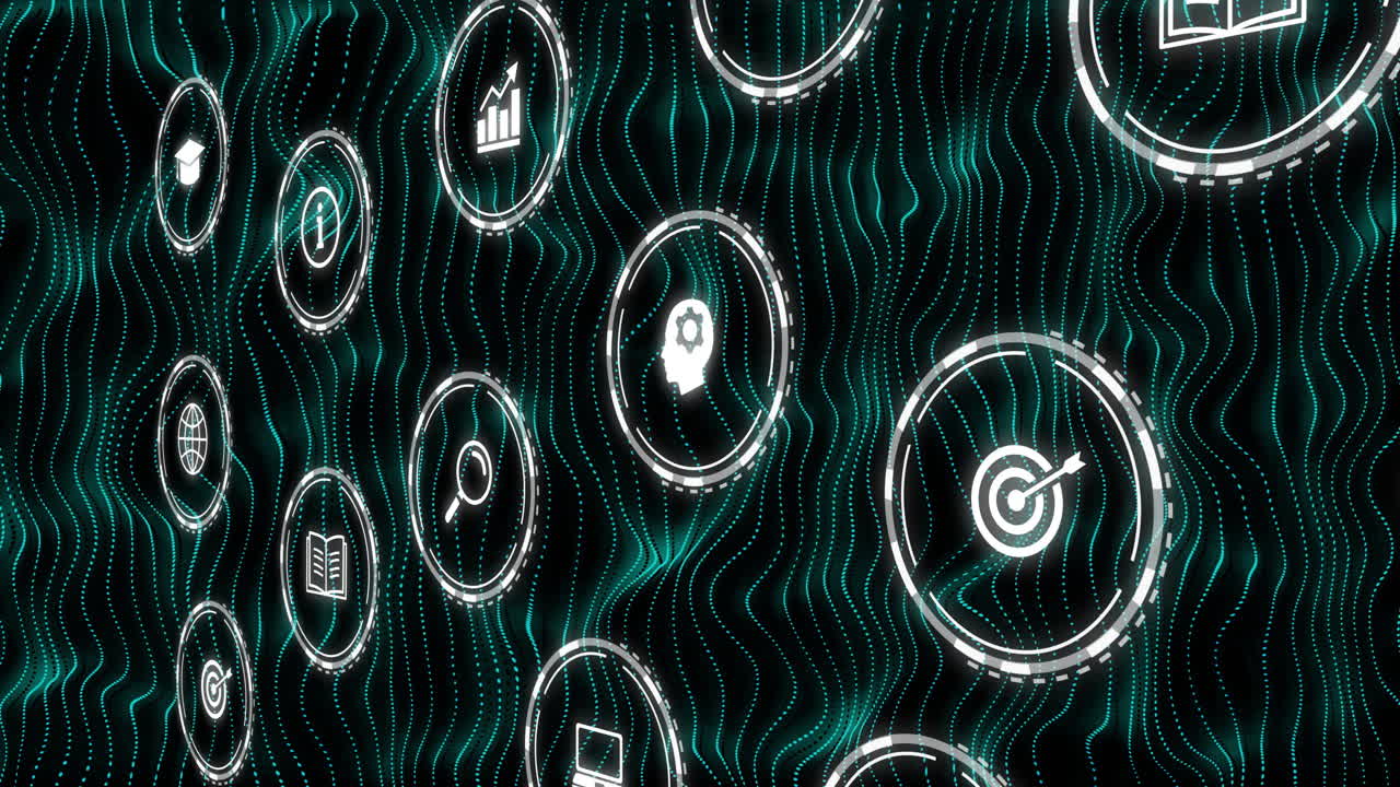 Animation of data and communication icons processing over network of blue contour lines on black