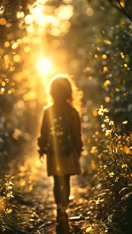 child with backpack walking through sunlit forest path