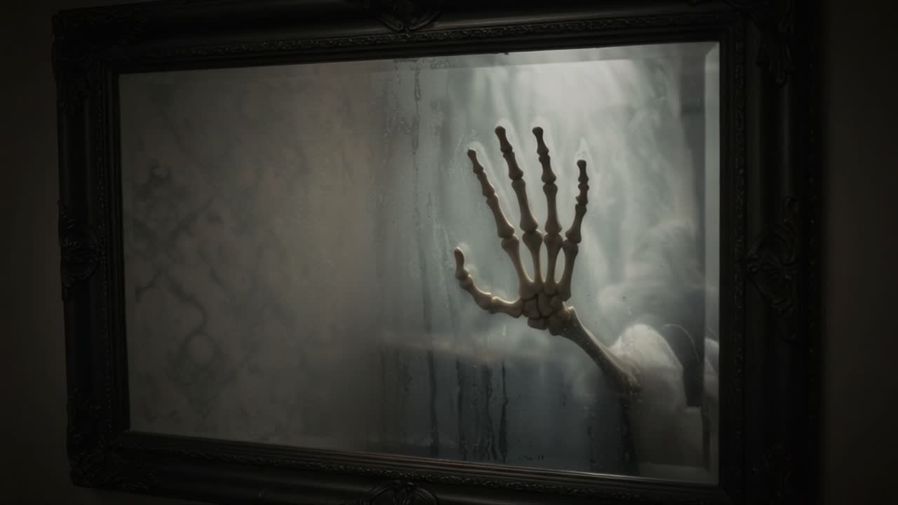 Eerie Reflection: A Skeleton's Hand Emerges from a Fogged Mirror, Capturing a Haunting Moment that Blends the Supernatural with the Ordinary