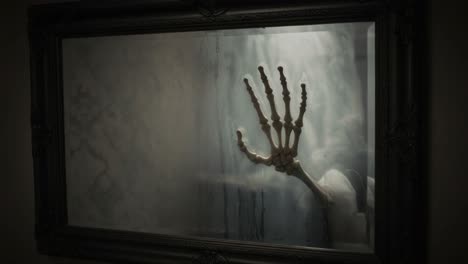 eerie reflection: a skeleton's hand emerges from a fogged mirror, capturing a haunting moment that blends the supernatural with the ordinary