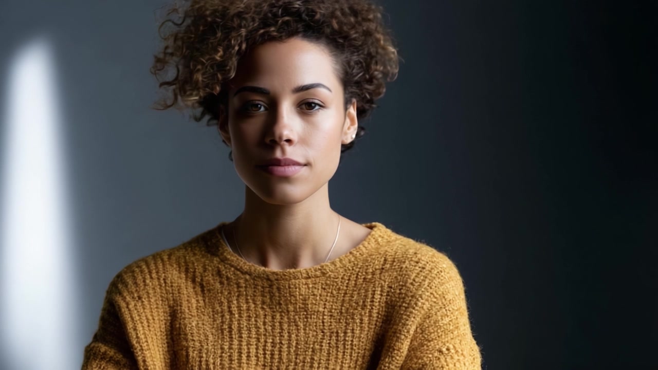 Et portræt af ægte følelser: En ung kvinde i en hyggelig sweater fanger essensen af eftertænksomhed og modstandsdygtighed mod en blødt oplyst baggrund.