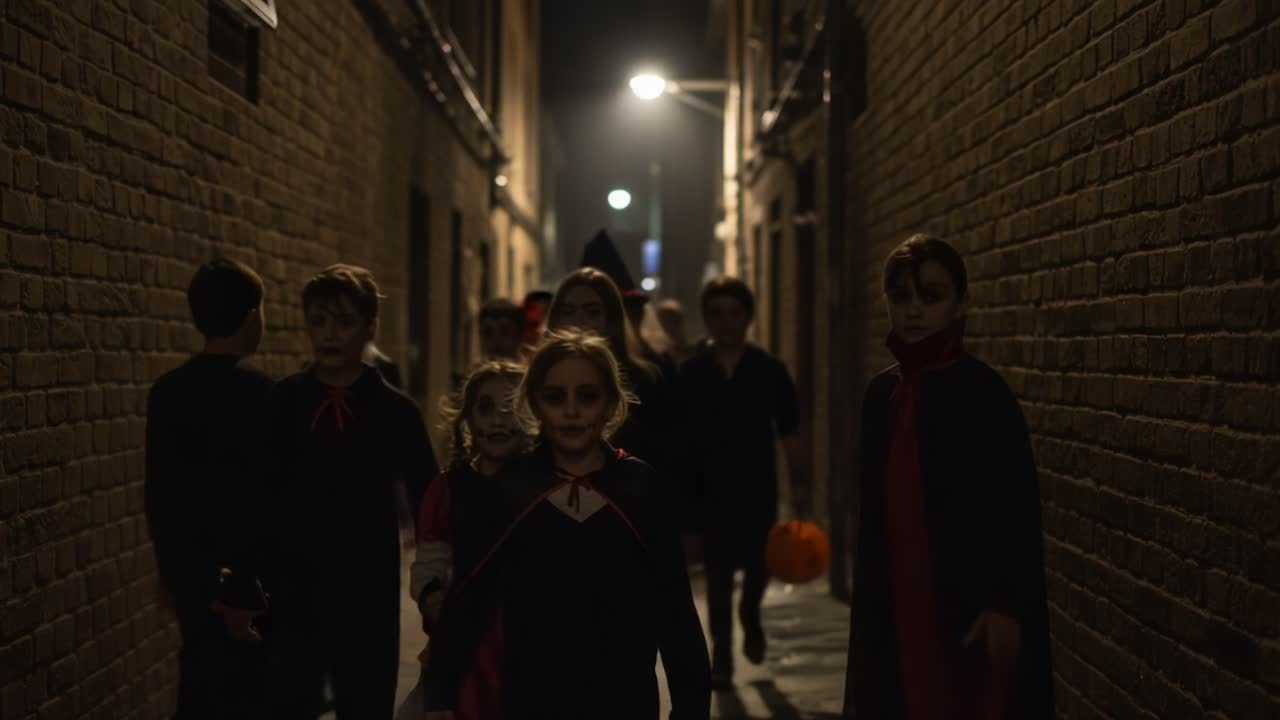 A Group of Children Dressed in Spooky Costumes Walking Through a Dimly Lit Alley at Night, Preparing for a Night of Halloween Festivities and Fun