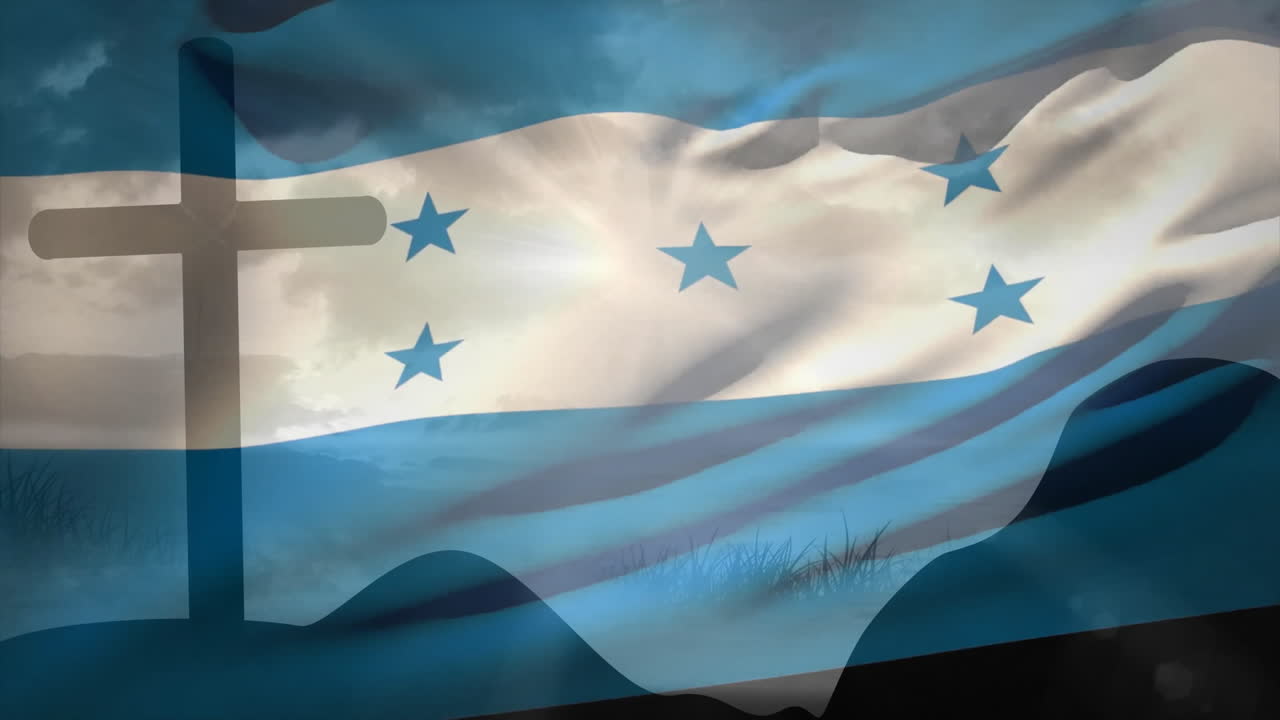 Waving Honduras flag with cross silhouette and landscape during sunset animation