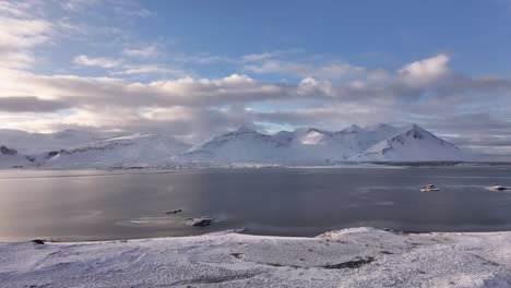 Wide Panoramic Shot of Snow Covered Mountains in Borgarfjörður Area Iceland