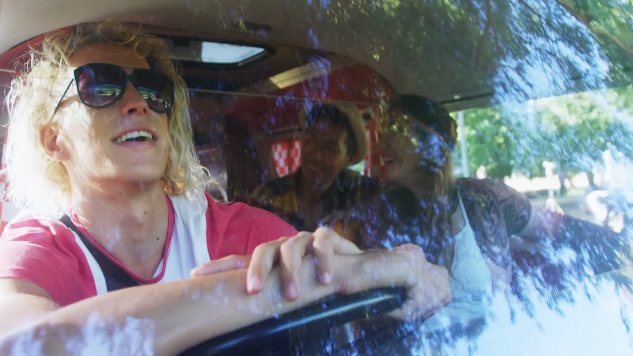 Friends enjoying in van 4k