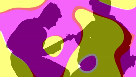 animación de formas coloridas que se mueven sobre siluetas de dos hombres tocando la guitarra