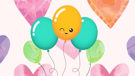 animación de globos y corazones coloridos sobre un fondo rosa