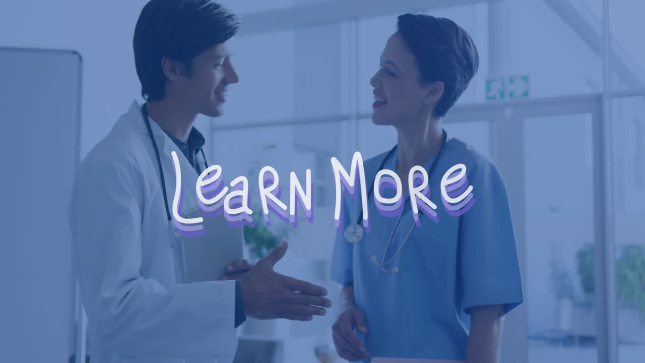 doctor and nurse reviewing clipboard in clinic, showing stethoscope icons and learn more overlay