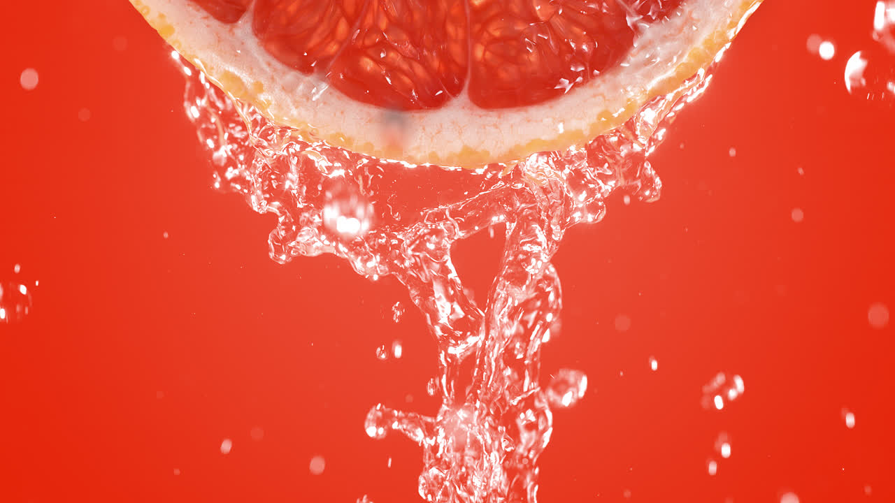 Grapefruit Slice Splashed With Water In Slow Motion And Macro On Pink Background