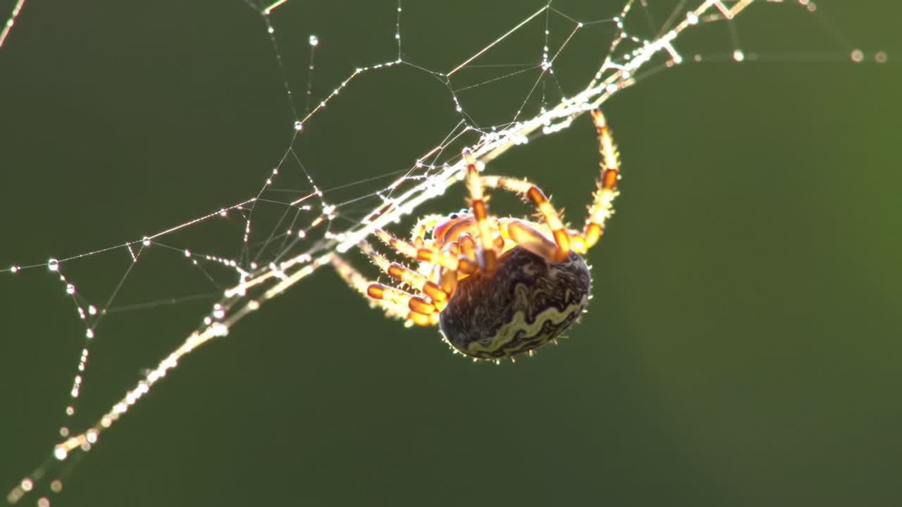 A Close-Up View of a Spider Glimmering with Dew Drops on Its Intricate Web, Capturing the Beauty of Nature's Tiny Creatures in Their Natural Habitat