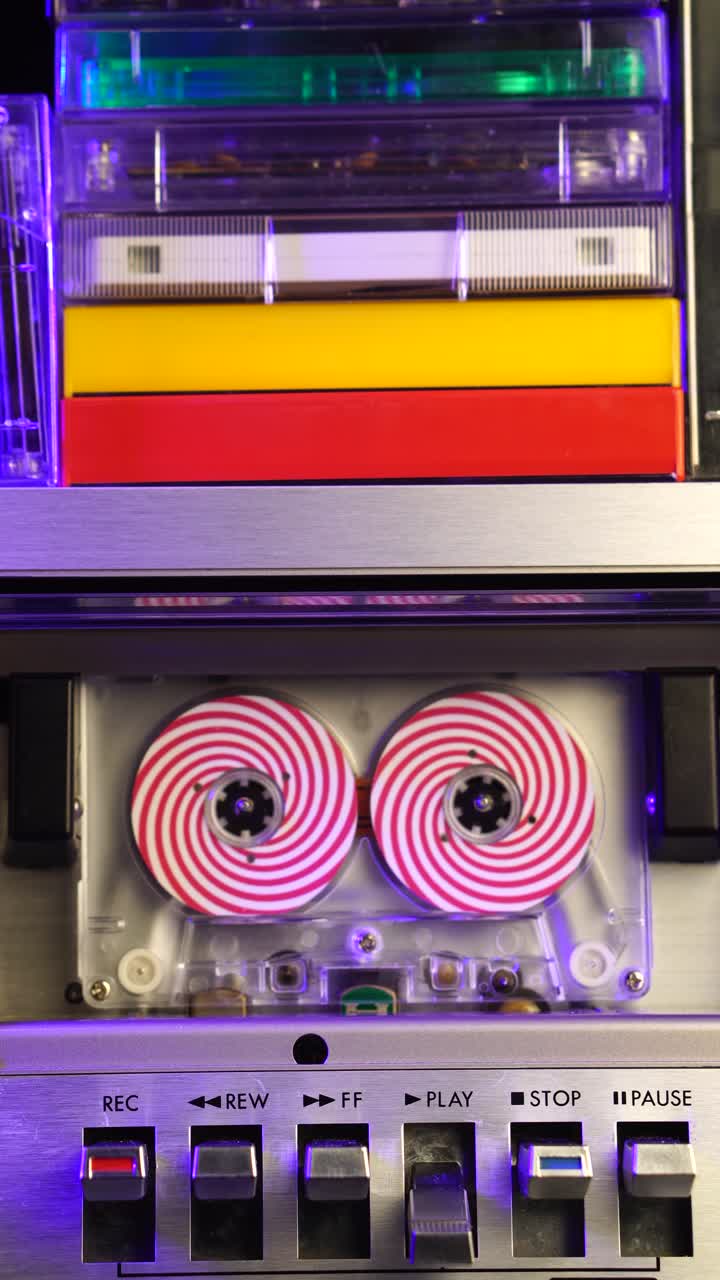 Vertical, Audio Cassette Tape With Spiral Optical Illusion Reels Spinning During Playback in Vintage Deck Player