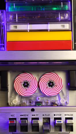 vertical, audio cassette tape with spiral optical illusion reels spinning during playback in vintage deck player