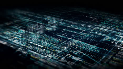 futuristic abstract de-focus flowing data matrix, meta, metaverse, telemetry and encrypt numbers display with particles simulation in cyber space environment for head up display background