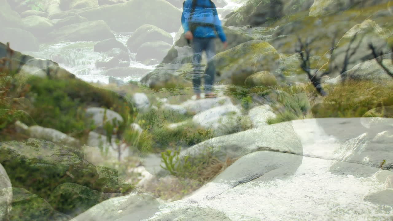 video de las luces sobre el hombre caucásico caminando en la naturaleza
