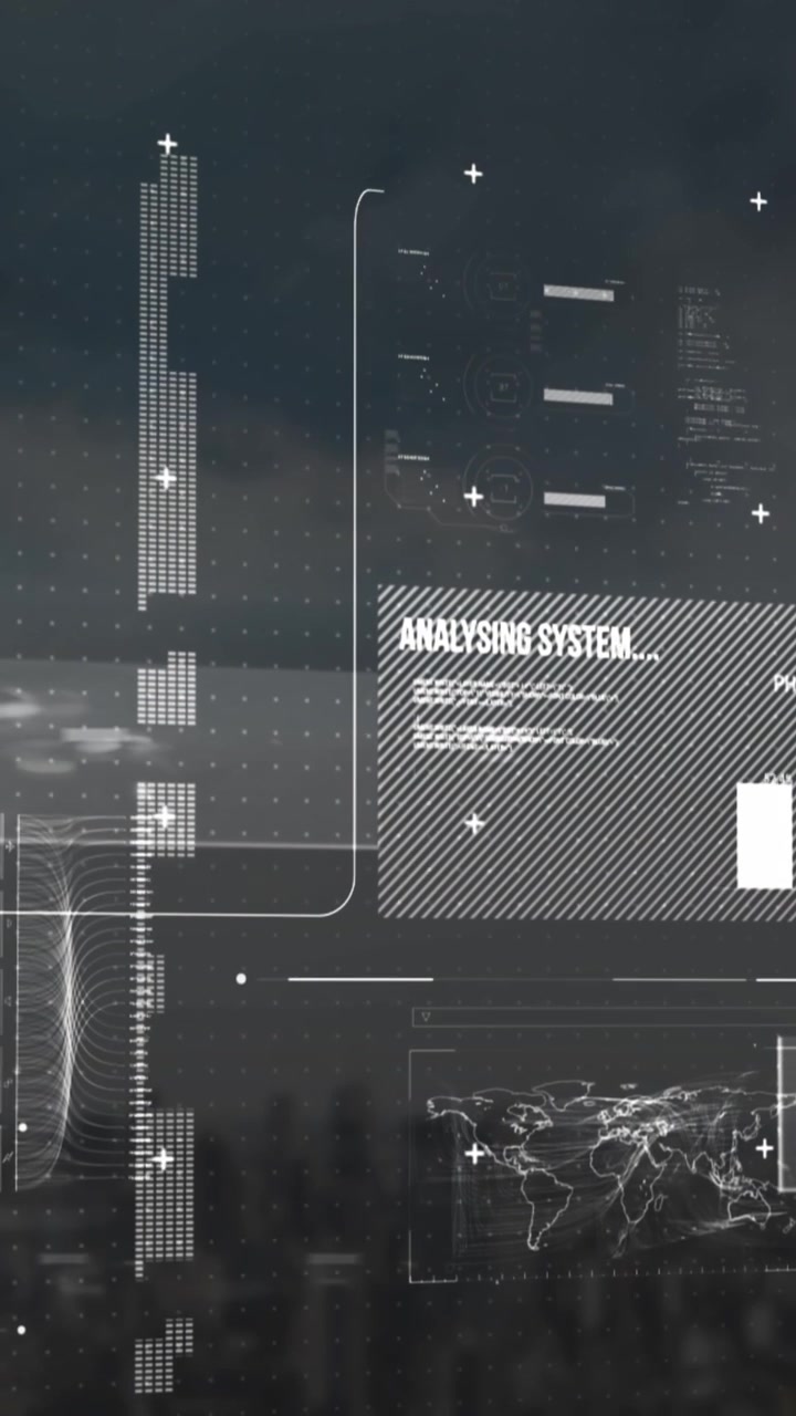 Animation of interface with world map and data processing against aerial view of cityscape