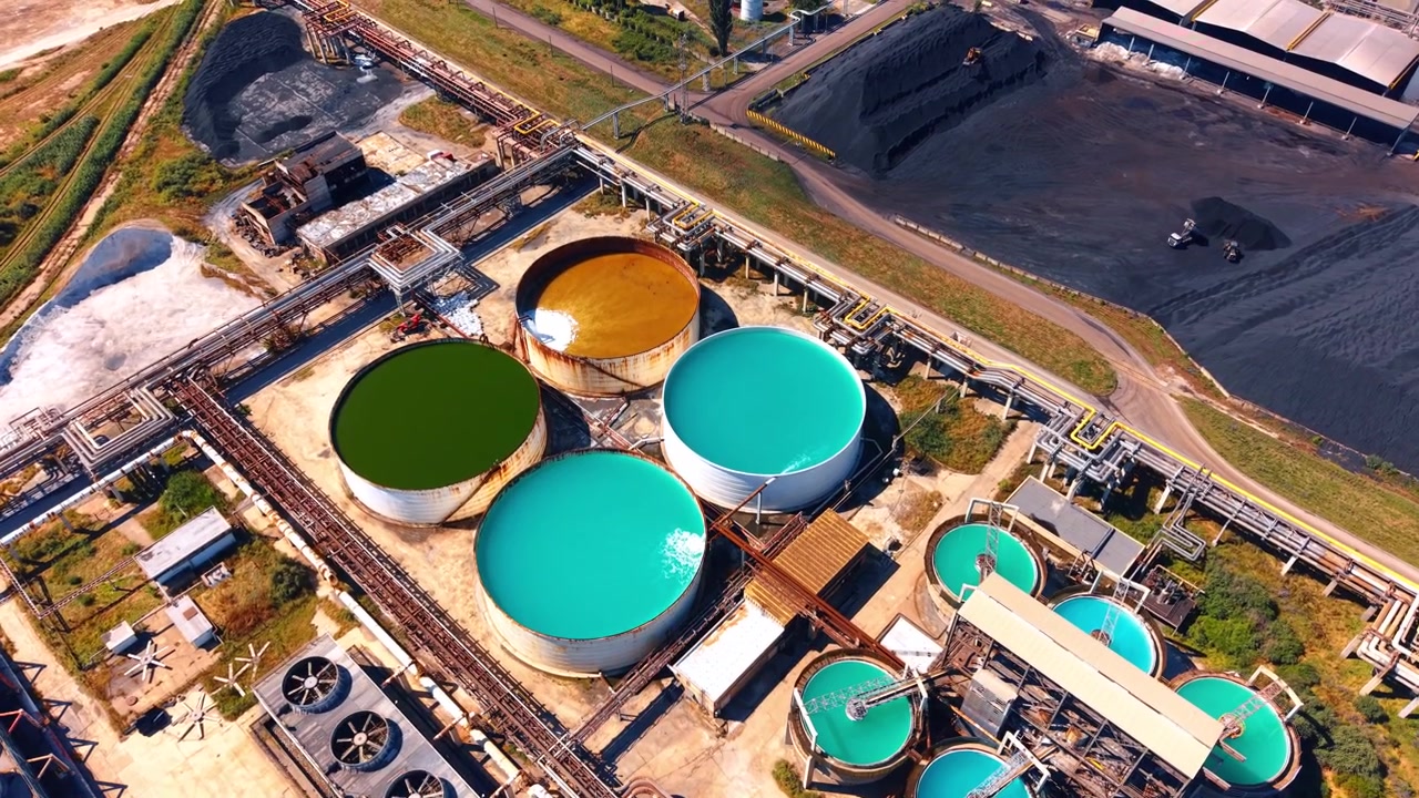 Aerial view of circular storage tanks at plant. Multiple colored liquid tanks stand among complex metal pipelines at facility.